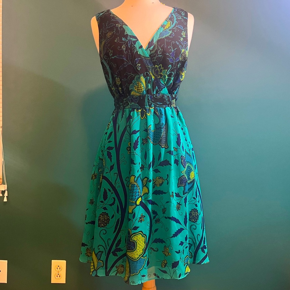 Adrianna Papell Teal and Black Floral Midi Dress